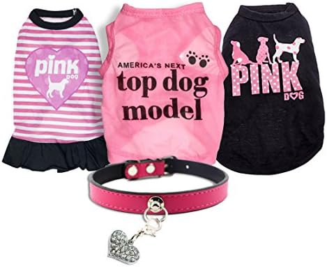 Ollypet Puppy Clothes for Small Dogs Pink Variety Dresses 3 Pcs Pack Sleeveless Shirts Cute Collar Pendant Accessories Stylish Princess Pet Set Casual Breathable Cotton Summer Outfits (M)
