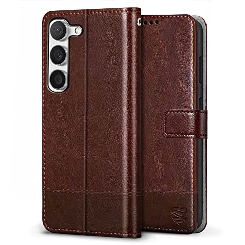 Image of FLIPPED Vegan Leather Flip Case Back Cover for Samsung Galaxy S23 5G (Flexible, Shock Proof | Hand Stitched Leather Finish | Card Pockets Wallet & Stand | Tan with Brown)