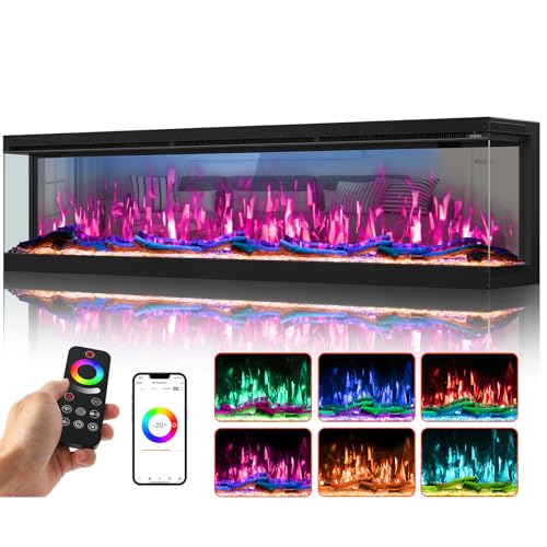 OSEYM 80 inch 3 Sided 3D Mirrored Electric Fireplace Insert, Smart WiFi Mount/Built-in Linear Fire Place Heater with 251RGB LED Flames, APP & Remote Control, 1500/750W, Cracking Sound & Timer