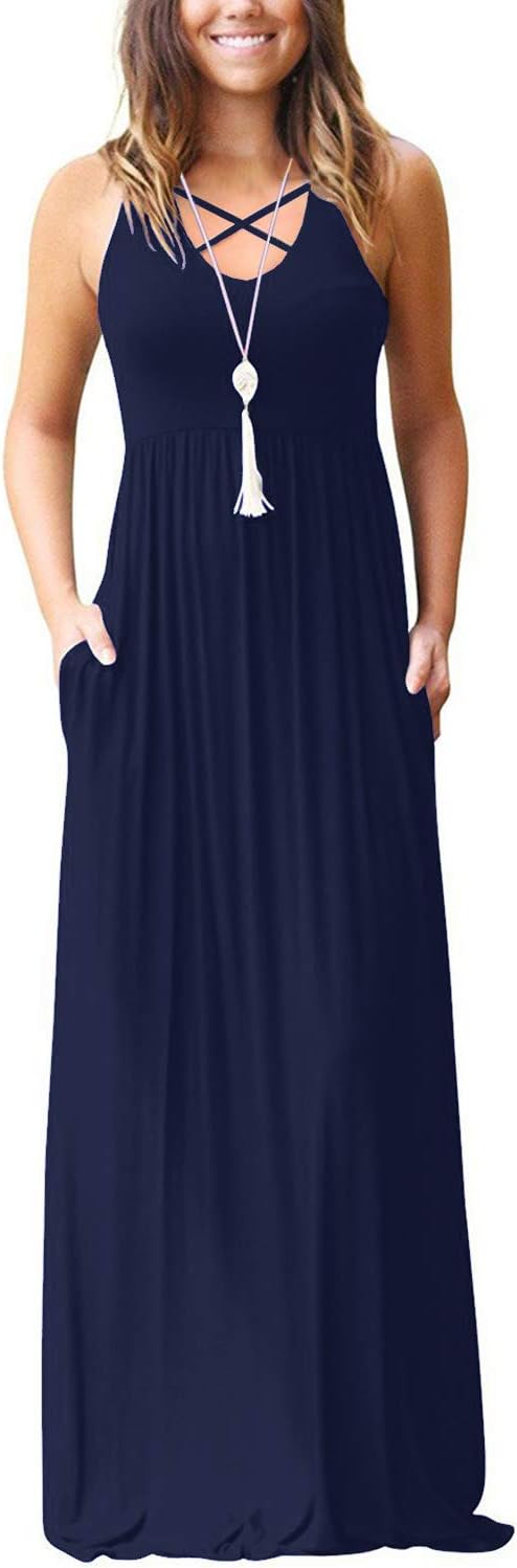 Women's Sleeveless Racerback Maxi Dresses with Pockets Criss Cross Plain Loose Long Dresses Nave Blue Large