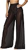 Women Sexy See Through Sheer Mesh Loose Bottoms, Swimsuit Bikini Cover Up, High Waist Wide Leg Pant
