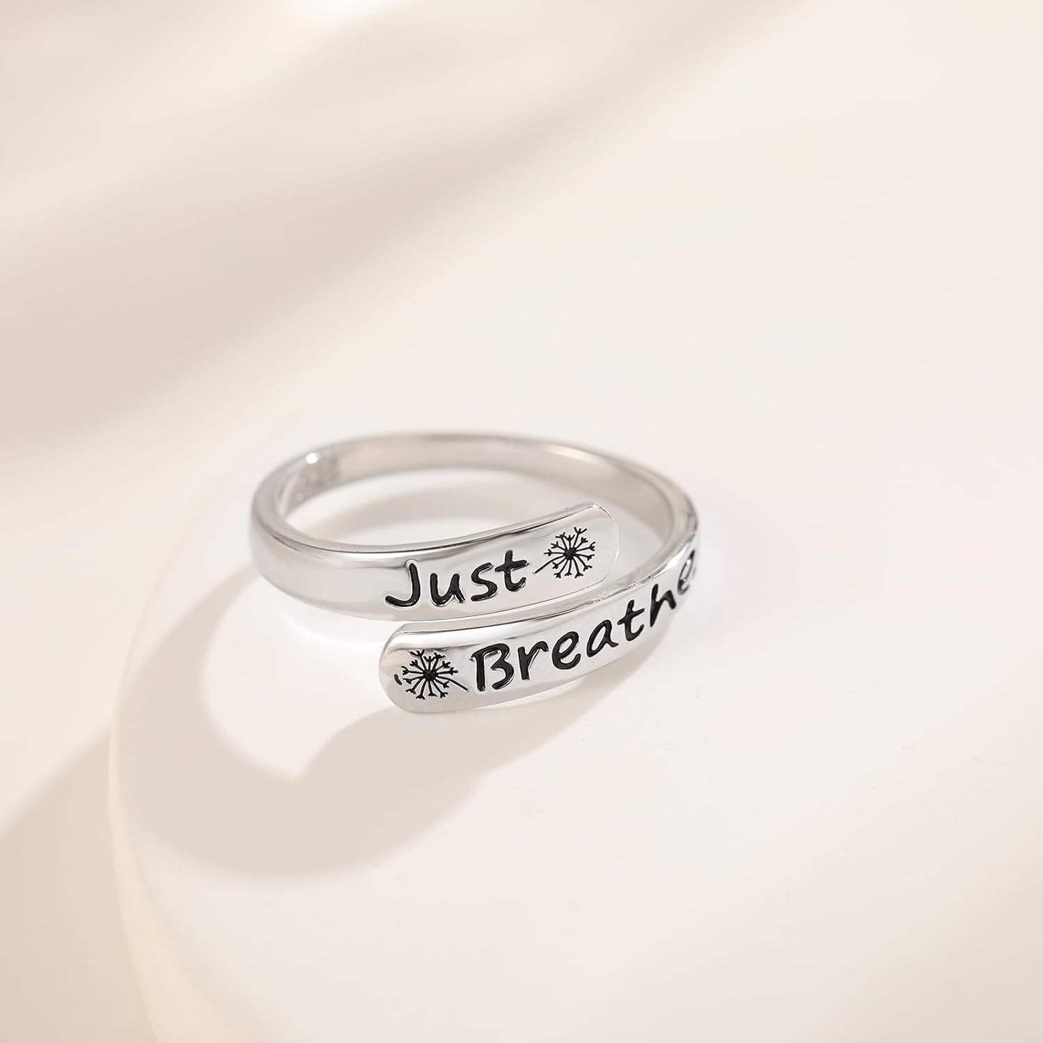 Dandelion Just Breathe Ring for Women 925 Sterling Silver Adjustable Hope Inspirational Jewelry Encouragement Gifts