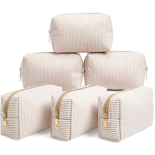 Sanwuta Pcs Seersucker Cosmetic Bags Bulk Seersucker Makeup Bags Stripe Women Pouch Large Preppy Storage Pouch Toiletry Travel for Wedding Bridesmaid Bride Favor Back to Teacher Gift(Khaki 6)