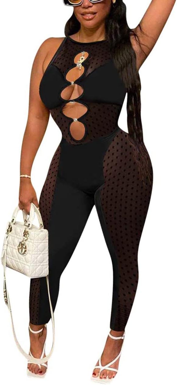 WOKANSE Women's Sexy Club Jumpsuits Mesh Patchwork One Piece Hollow Out Bodycon Long Rompers Playsuits 2-black Small
