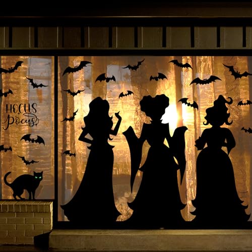 Halloween Window Clings Decor Decorations: Extra Large Hocus-Pocus Witchs Black Cat Bat Silhouette...