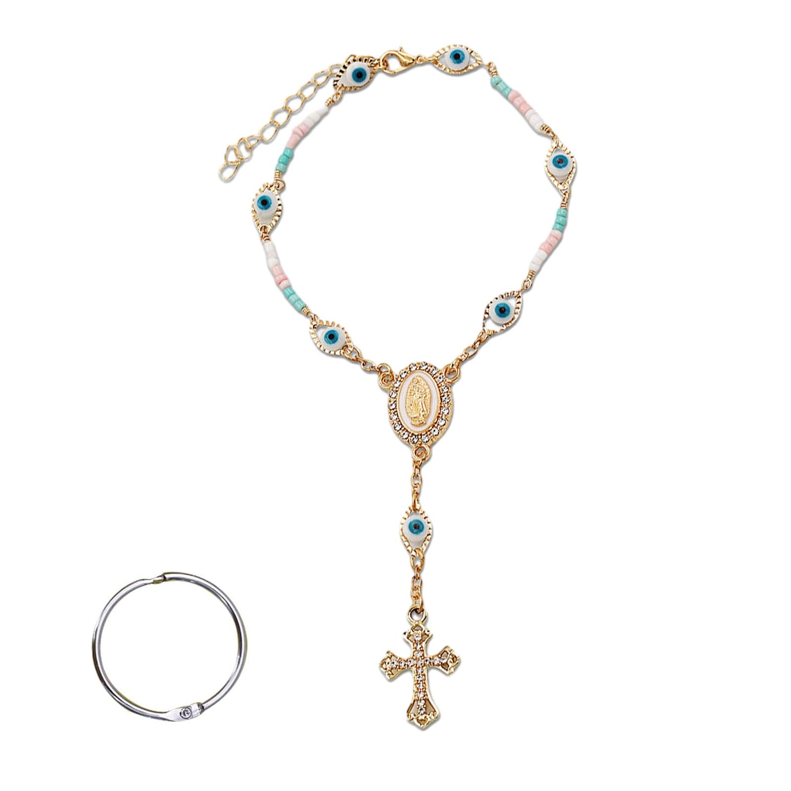 KNITUKL Car Rosary for Rearview Mirror, Evil Eye Pendant Car Interior Rear View Mirror Charm Auto Decors, Car Medal and Cross Personalized Hanging Accessories for Women Men (Golden-A)