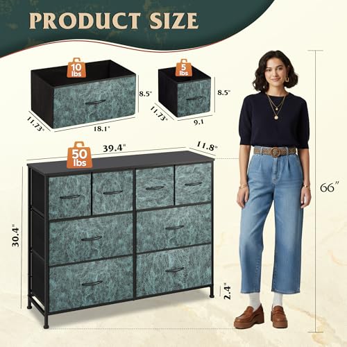 Image of WLIVE Dresser for Bedroom with 8 Drawers, Wide Fabric Dresser for Storage and Organization, Bedroom Dressers, Chest of Drawers for Living Room, Closet, Hallway, Vintage Green