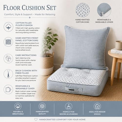 Image of Grey Woven Quilted Floor Cushion Set 60x60x10 CM with Fillers & Back Cushion, Large Size for Seating, Patio Seat, Meditation, Yoga, Pooja, Guests, Living 24x24x4 Inch