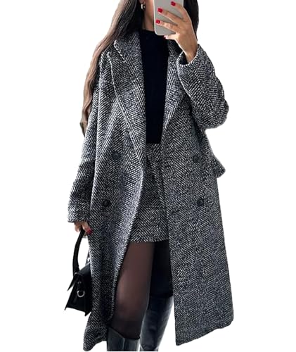 SOMTHRON Women's Winter Herringbone Wool Trench Coat Double Breasted Notch Collar Dressy Long Pea...