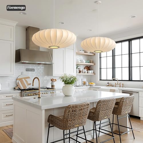 Image of Large 23.6 inch Lantern Pendant Light, White Imitation Silk Lampshade, Bubble Pendant Light, Hanging Lamp Simple Chandelier for Living Dinning Room Kitchen Island Bedroom Restaurant Cafe