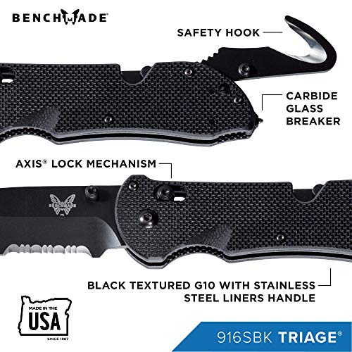 Benchmade - Triage 916Sbk, Black Handle, Triple Utility Tool, Knife, Safety Hook And Glass Breaker, Made In The Usa #TOP1