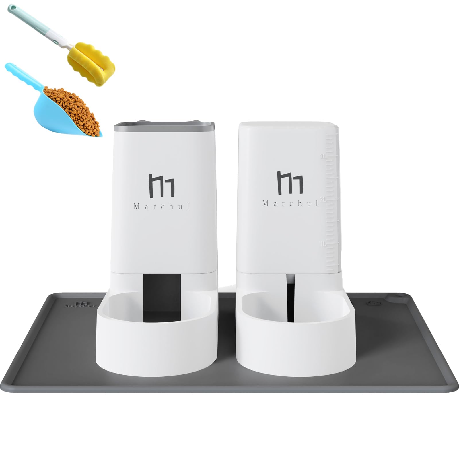 Marchul Dispenser Cibo Gatti, Cani, Alimentatore Automatico, 2 Unità, 3.8L, Dispenser di Crocchette e Acqua per Animali Domestici (alimentatore+abbeveratoio+tappetino)