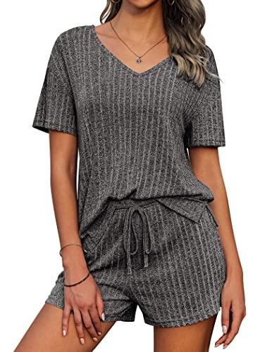 Ekouaer Rib Knit Pajamas 2 Piece Lounge Sets Rib Knitted Matching Outfits Short Sleeve Shorts Set Sleepwear Loungewear Sweatsuits Gray X-Large #TOP16