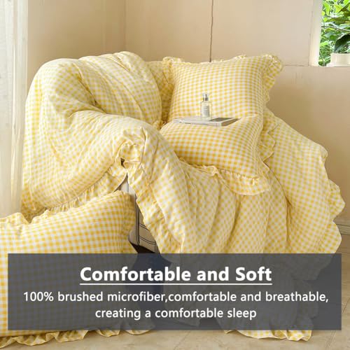 Image of NSNLGSGC Yellow Ruffle Gingham Comforter Set Queen, Pre-Washed Ruffled Plaid Checked Comforter Bedding, 3 Pieces Vintage Farmhouse Grid Bedding Set(Yellow Gingham, Queen)