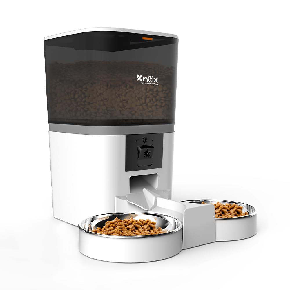 Knox 6L Smart Automatic Pet Feeder with 1080P Camera for Cats & Dogs, 5G WiFi App Control,Dual Bowl Food Dispenser, 2-Way Audio, Voice Recorder,Timed Feeding Alarms,Portion Control,Dual Power (White)