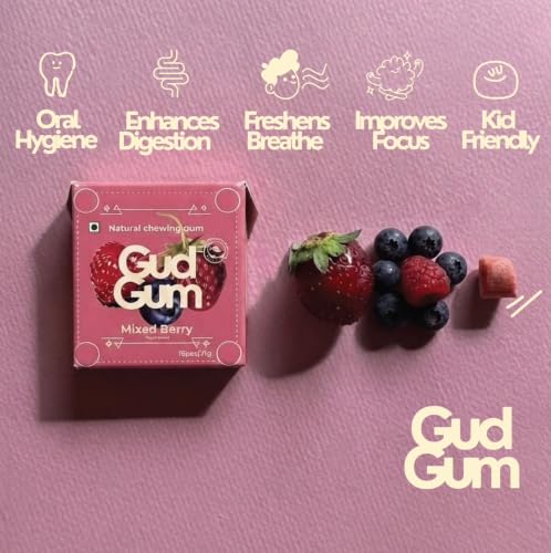 Image of Gud Gum- Natural, Plastic Free Chewing Gum -21g x 2 - Mini Pack of 2 - No added artificial colours, flavours & sweeteners (2 Pack, MIxedBerry - Charcoal Mint)