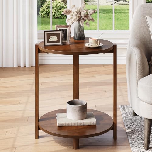 Mesa auxiliar de madera maciza para salón, pequeña mesa auxiliar redonda con 2 estantes, 48 cm de diámetro, mesita de noche retro de madera, muebles de acento para espacios pequeños, dormitorio