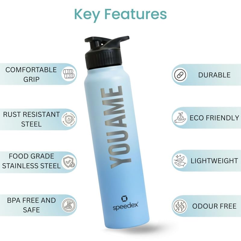 Image of Speedex Customised Stainless Steel Water Bottle 1 Ltr with Name - Personalised Engraved Sipper Cap Bottle for Kids, Men & Women, School, Gym, Office Dual Blue, Set of 1