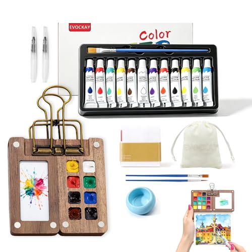 Portable Travel Watercolour Set - Mini Watercolour Paint Palette with Clip 12 Vibrant Colors in 8 Grids Perfect for Artists Painters & Students - Wooden Travel Kit