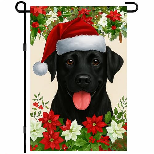 Image of BlissYard Christmas Garden Flag 12x18 Inch Black Labrador Dog Outdoor Flag Double Sided Holiday Yard Banner with Santa Hat Poinsettias and Holly Leaves for Porch Lawn Patio