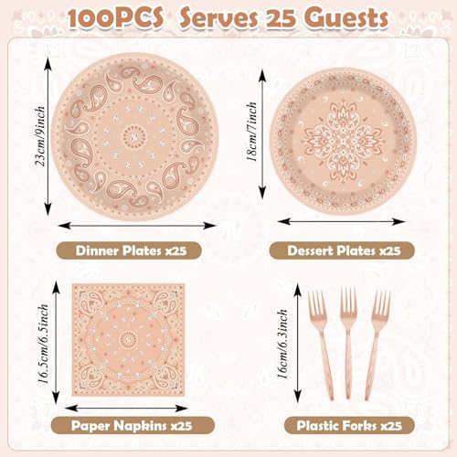 Image of gisgfim 100Pcs Western Bandana Party Decorations Supplies Pink Paisley Plates and Napkins Farm Cowboy Cowgirl Paper Dinnerware Tableware Set for Rodeo Baby Shower Wild West Birthday Serves 25