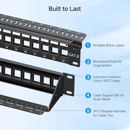 Image of Cable Matters Rackmount or Wall Mount 1U 24 Port Keystone Patch Panel with Cable Management and Support Bar, 19-inch Blank Patch Panel for Keystone Jacks