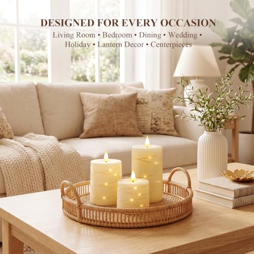 Image of Homemory Ivory Flameless Candles with String Lights, Set of 3 Battery Operated LED Pillar Candles with 3D Flickering Wicks, 11-Key Remote Control and Timer for Home, Wedding and Christmas Decor