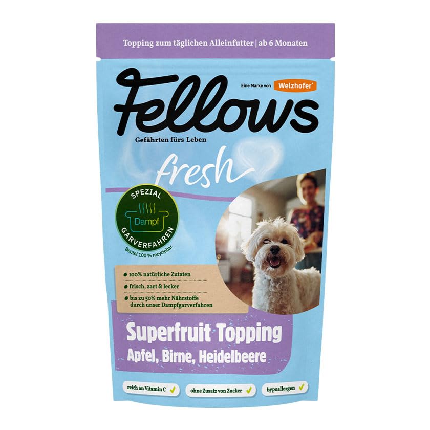 Fellows Superfruit Topping für Hunde - Ergänzungsfuttermittel mit Apfel, Birne, Heidelbeere, vegetarisch, fördert Flüssigkeitsaufnahme, Vitaminboost, als Hunde EIS geeignet, Barf-geeignet, 9 x 200 g