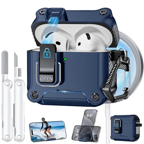 Image of Dual Safety Lock for AirPods 4 Case 2024, Compatible with MagSafe - Designed with Automatic Switch and Phone Stand, Includes a Cleaner & Keychain - Rugged Tough Hard Shell for Apple AirPods 4