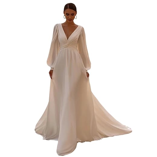 JAEDEN Brautkleid A-Linie Standesamt Hochzeitskleid Lang Damen V-Ausschnitt Tüll Brautkleider