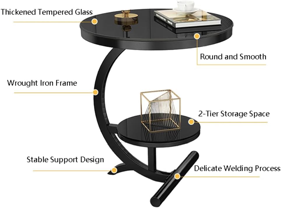 Image of NEST NATURE HAVEN Wood And Metal 2 Tier Round Coffee Table Nightstand Bedside Telephone Table with Storage, End Sofa Side Corner Table for Living Room Bedroom Small Spaces (Black)