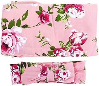 TOYANDONA 2Pcs Newborn Swaddle Blanket with Headband Cotton Floral Baby Receiving Blanket Muslin Swaddle Wrap Sack Bow Headband Set for Infant Baby Girl Boy (Pink)