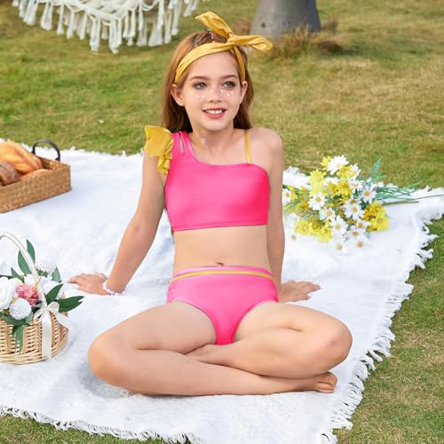 Image of Perfashion Girls Swimsuit Bikini Set Two Piece Bathing Suit Metallic Ruffled One Shoulder Swimwear with Hairband 4-13Y