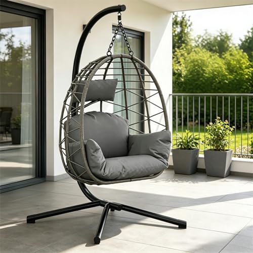 Hängesessel Mit Gestell Bis 150 kg Outdoor Rattan Hängesessel Mit Metallgestell Komfortabler Hängesitz Indoor Mit Waschbaren Kissen Für Garten Terrasse & Balkon