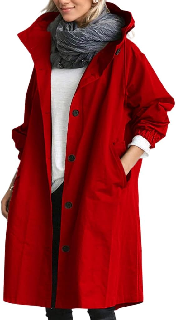 TIAFORD Women's Lightweight Button Down Hooded Trech Coat Oversized Casual Windbreaker Long Jackets with Pockets
