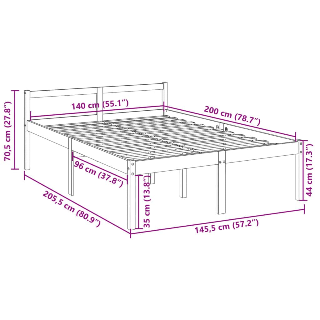 Seniorenbett Weiß 140x200 cm Massivholz Kiefer mit robustem Lattenrost Kopfteil und Stauraum Komfortables Bettgestell seniorengerecht für Schlafzimmer