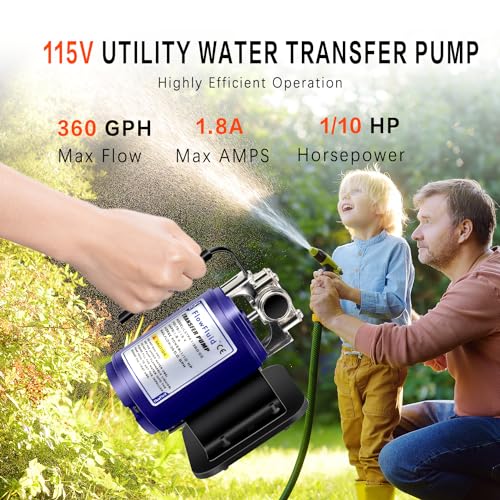FlowFluid Water Transfer Pump Hose Kit 115V 1/10HP,Portable Electric Self Priming Utility Pump for Household,330 GPH Suction Water Removal Pump for Garden Clogged Sinks Pools Aquariums Rain Barrel - Thumbnail 5