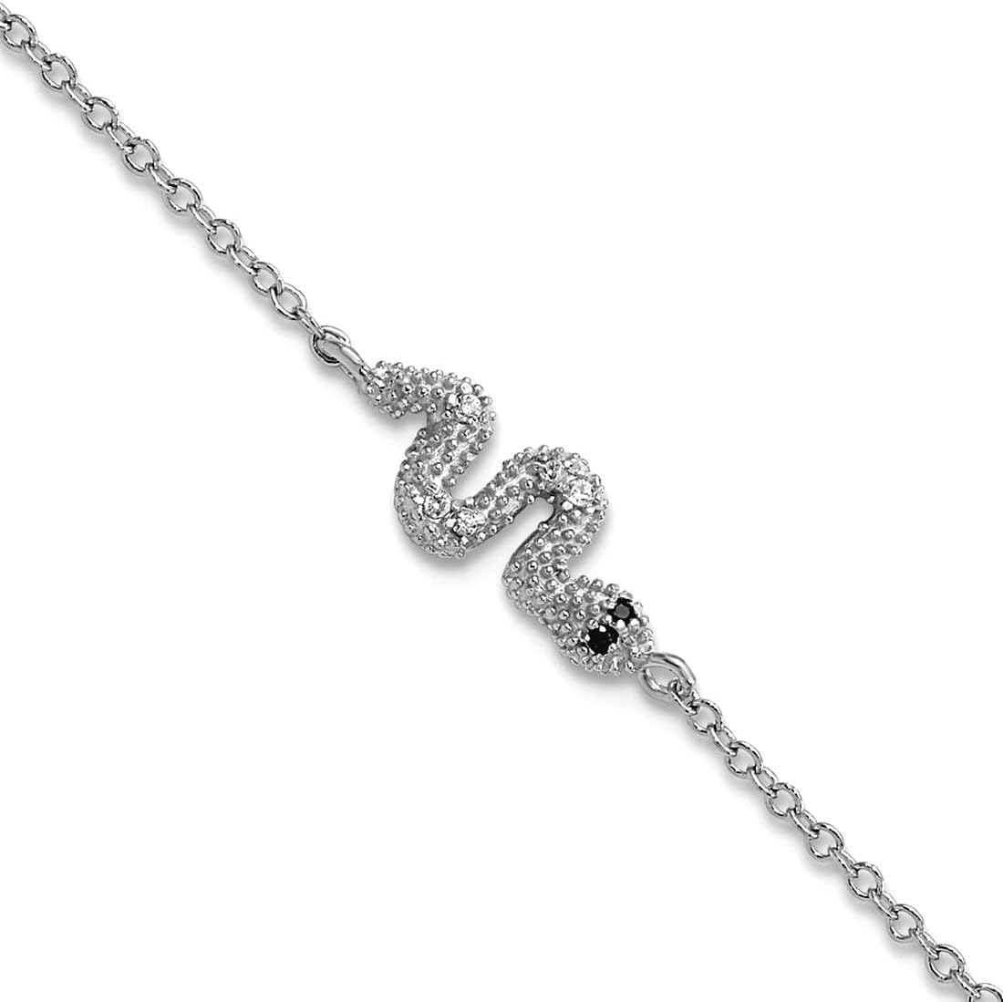 JewelryWeb 6mm Ss Rhodium Plated Black White Cubic Zirconia Snake With 1in Extension Bracelet 7 Inch Snake Charm Bracelet for Women