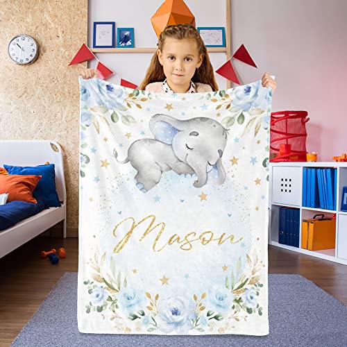 Image of Custom Elephant Kids Blanket with Name Personalized Name Blanket for Teen