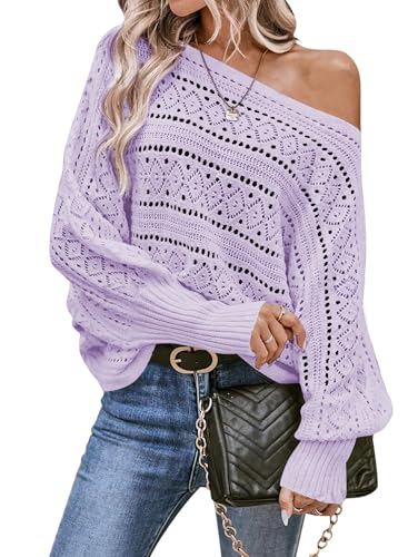 Image of Cakulo Womens Off Shoulder Sweater Top Fall Outfits Fashion 2025 Oversized Knit Batwing Long Sleeve Crochet Pullover Sweaters