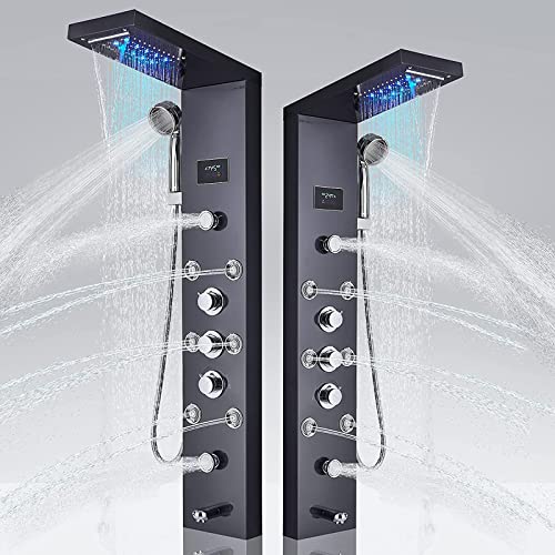 Colonne de douche hydromassante Noir LED Panneau de douche pour Salle de Bain Hydromassages Système de Douche multifonctionnel colonne affichage de la température Cesinkin Cover