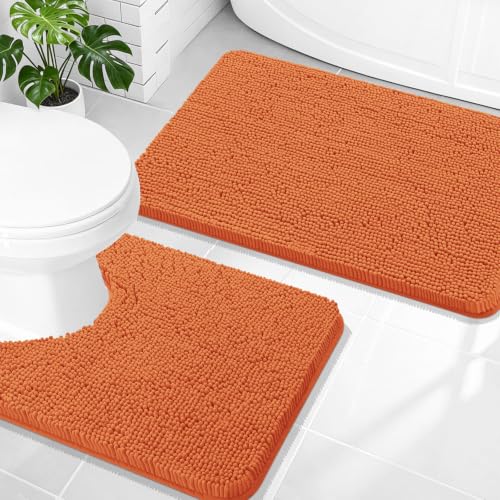 Image of OLANLY Bathroom Rugs Sets 2 Piece, Soft Absorbent Chenille Bath Mats and U-Shaped Contour Toilet Mat Area Rug Set, Machine Washable Bath Carpet, Home Decor Accessories(30 inchx20 inch+24 inchx20 inch, Clay)