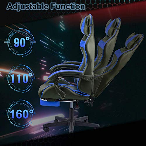 FERGHANA Racing Style PC Computer Chair,Gaming Chair, E-Sports Chair,Ergonomic Office Chair with Height Adjustment,Retractable Footrest,Headrest and Lumbar Support(Storm Blue)