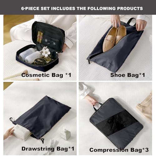 6 Set Compression Packing Cubes for Suitcases, Space-Saving Packing Cubes for Travel, Durable Suitcase Organizer Bags Set for Travel Essentials, Double Zipper Compression Packing Cubes,Black4