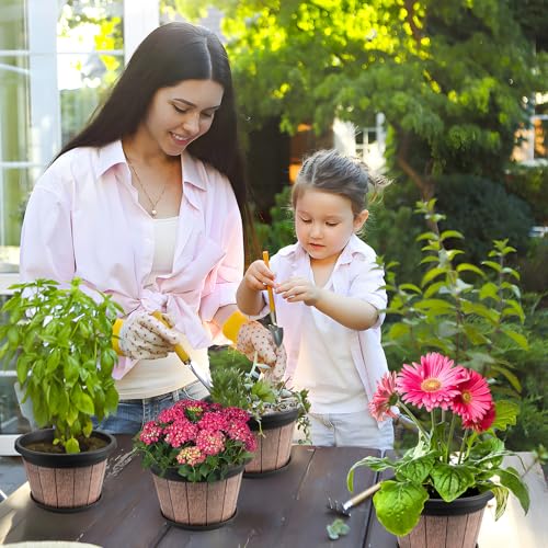 Quarut 4 Pack 8 inch Plant Pot,Upgrade Whiskey Barrel Planters with Drainage Holes & Saucer,Plastic Decoration Flower Pots Retro Design,Planters for Outdoor Indoor Garden Home Plants (Brown) - Image 3