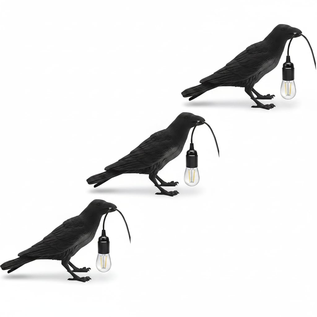 LEDSone 3-Pack Black Crow Table Lamps – Resin Raven Desk Lamps, Modern Art Deco Bedside Lighting, E27 Bulb Compatible with 3-Pin Plug, Stylish Home, Office & Dorm Decor