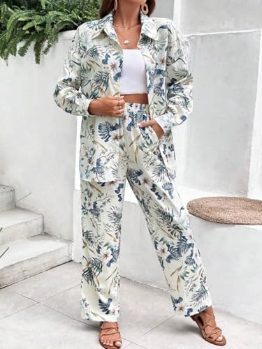 Image of Gufrina Women's Polyester Co-Ord Set with Button-Up Top & Wide Leg Pant 3 /4th Sleeves Collar Neck Printed Pattern Regular Fit and Standard Length