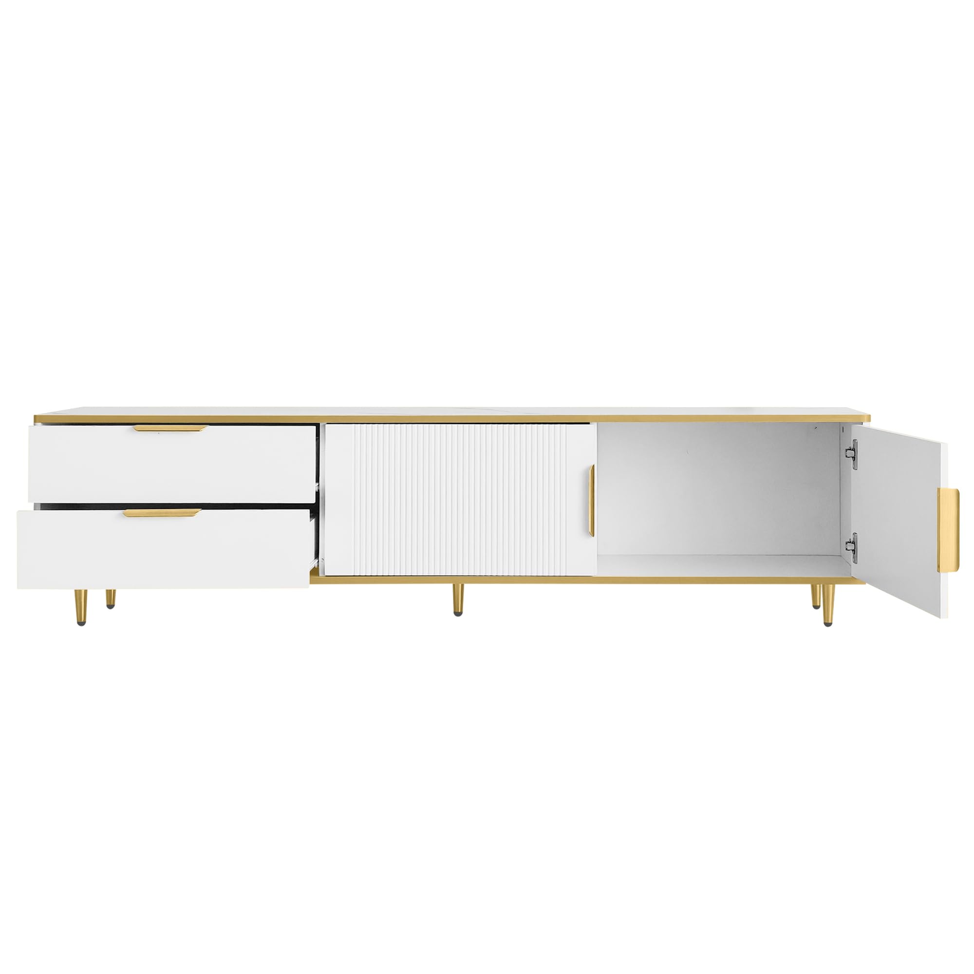 Merax Meuble TV Bas, Buffet avec Portes sculptées et poignées dorées, Meuble de Salon avec Finition marbre, Design Moderne et élégant, Blanc et Or 175x40x45cm