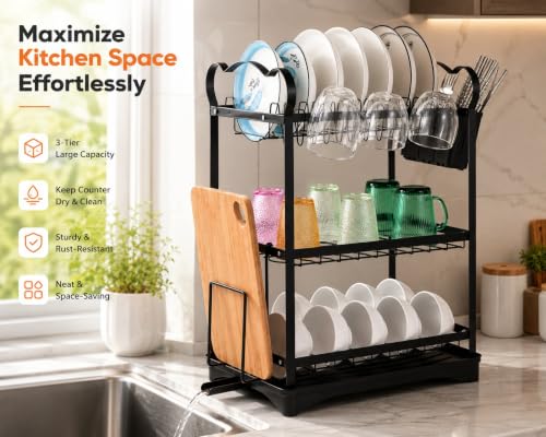 Image of Dish Drying Rack, 3 Tier Dish Rack with Drainboard and Cutlery Holder, Cutting Board Holder, Large Capacity Dish Drainer for Dishes, Bowls, Cups, Kitchen Counter (SS-09)