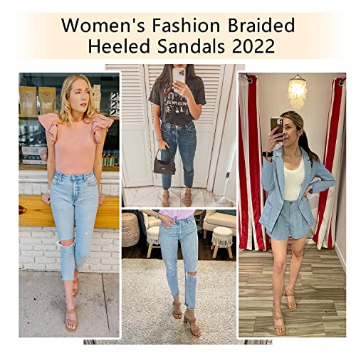 Gvimenos Women's Braided Heeled Sandals Backless Square Open Toe Braided Heels Strappy Slip On Block Heels Size 8 Khaki #TOP6